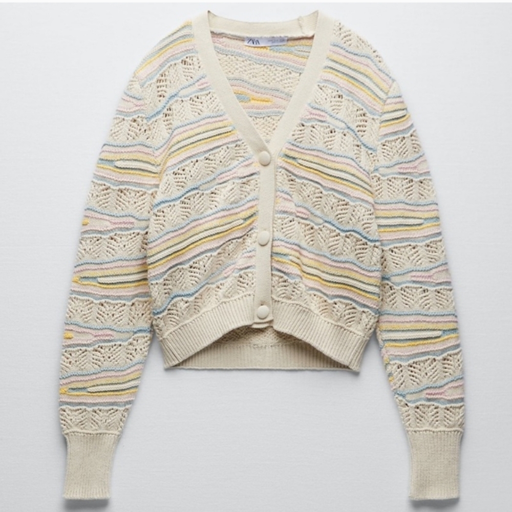 Zara Cream and Blue Cropped Cardigan Sweater